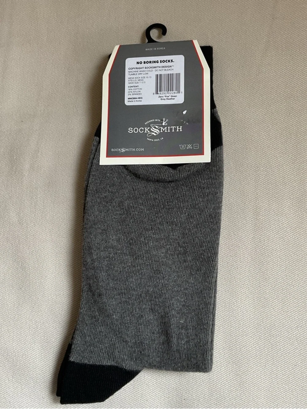 SockSmith Zero 🦊 Given Gray Heather Graphic Cotton Crew Men’s Sock Size 10-13